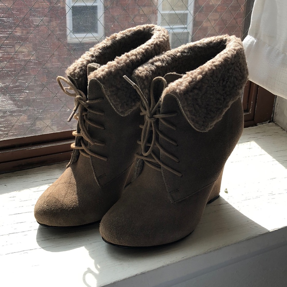 Leather Suede Ankle Wedge Booties